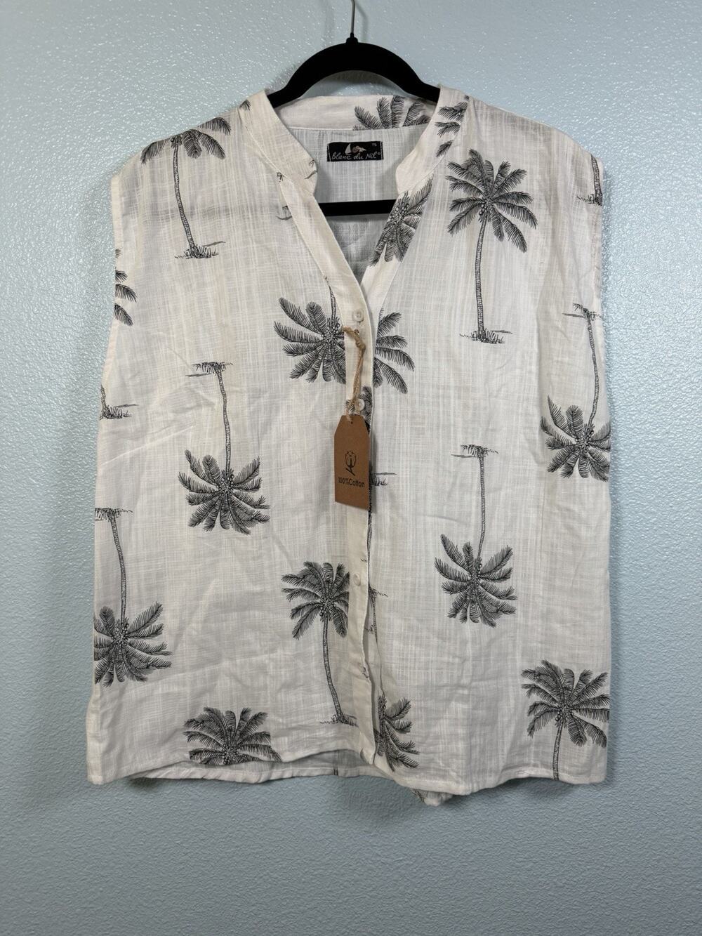 Blanc du Nil Women’s Taille 5 White Palm Tree Print Cotton Blouse Top NWT Lux
